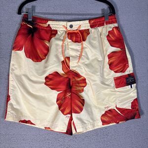 Tommy Hilfiger Swim Trunks Men’s Size L Yellow Red Hibiscus Tropical Resort Wear